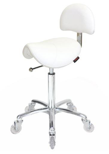 Saddle Stool White - with Back and Clear Wheels